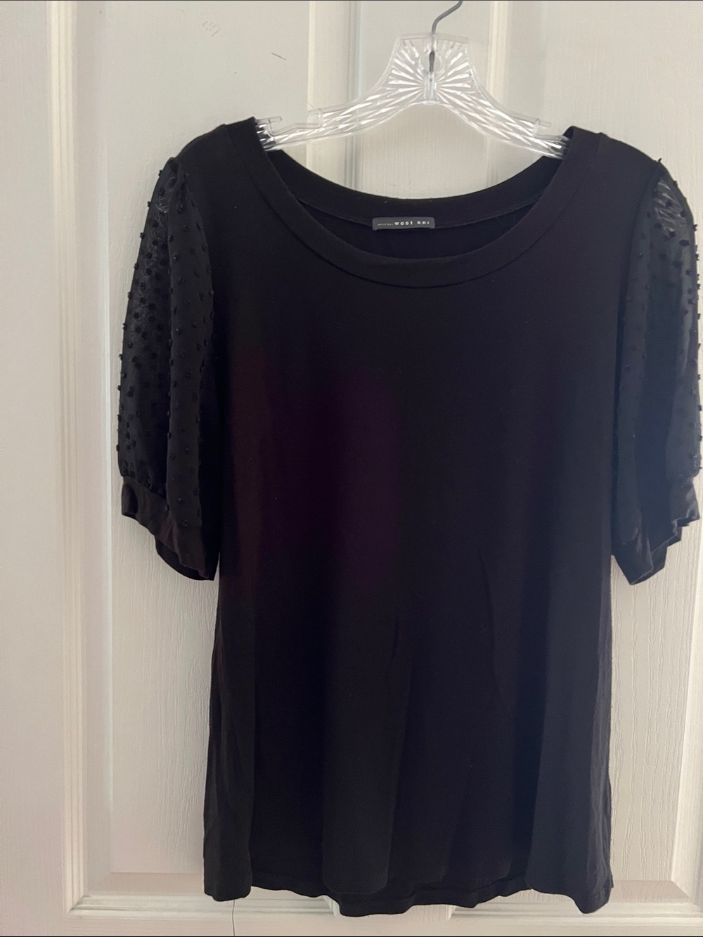 West Kei Black Short-Sleeve Puff Dot Sleeve Top